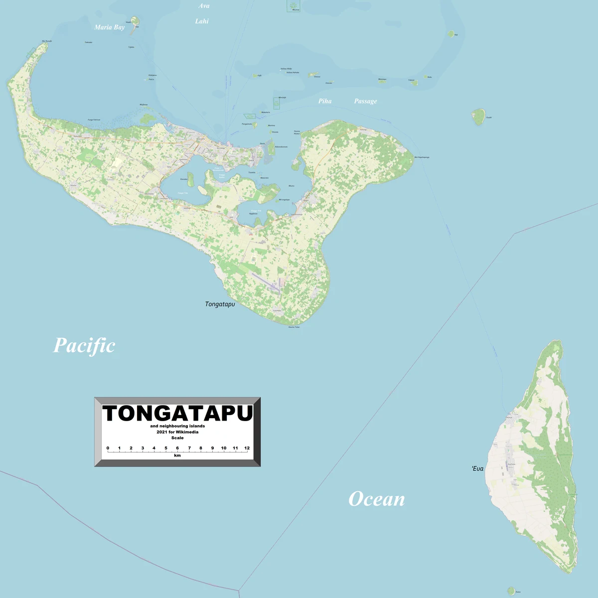 Mapa de Tongatapu y sus islas vecinas con Nuku'alofa, carreteras, localidades, aeropuerto de Fua'amotu, 'Eua y canales marinos