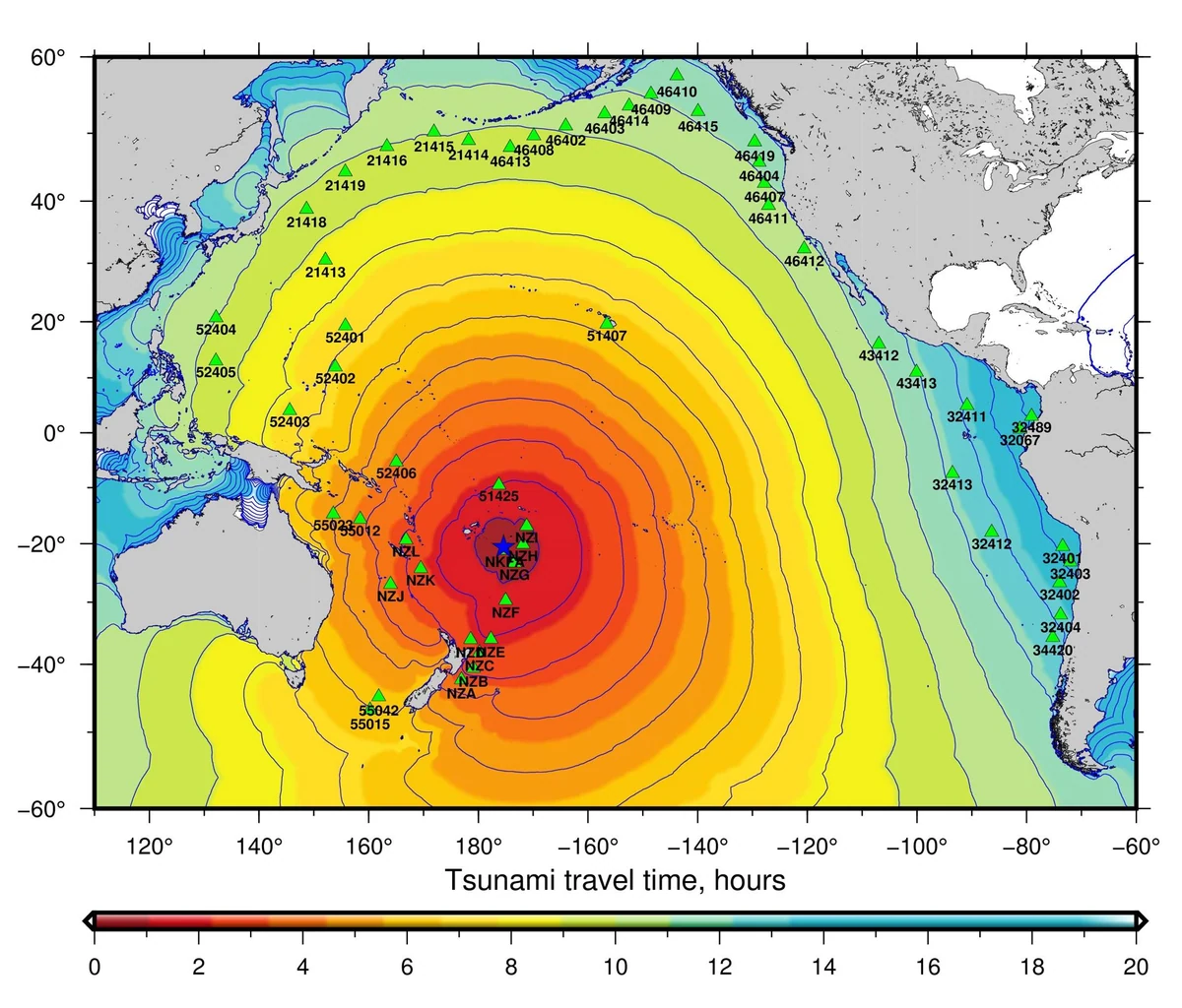 Mapa NOAA del tiempo de viaje del tsunami generado por la erupción de Hunga Tonga-Hunga Ha'apai el 15 de enero de 2022 en el Pacífico
