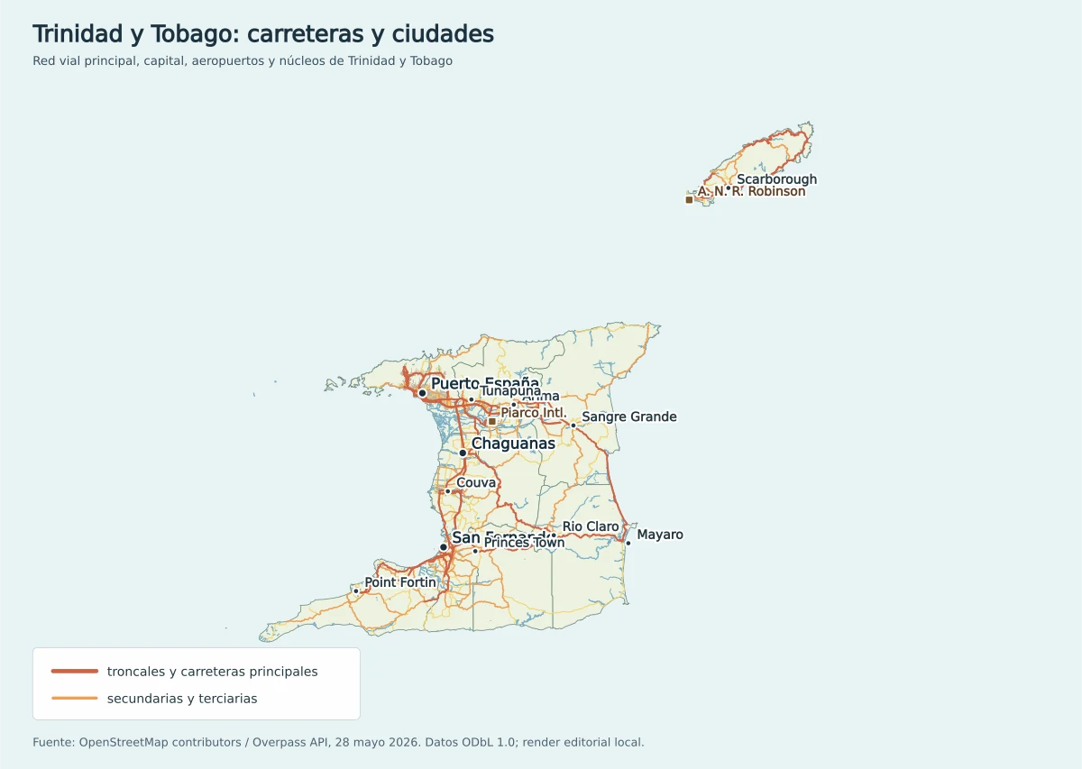 Mapa de carreteras de Trinidad y Tobago con Puerto España, Chaguanas, San Fernando, Arima, Scarborough, Point Fortin, Piarco y el aeropuerto A N R Robinson