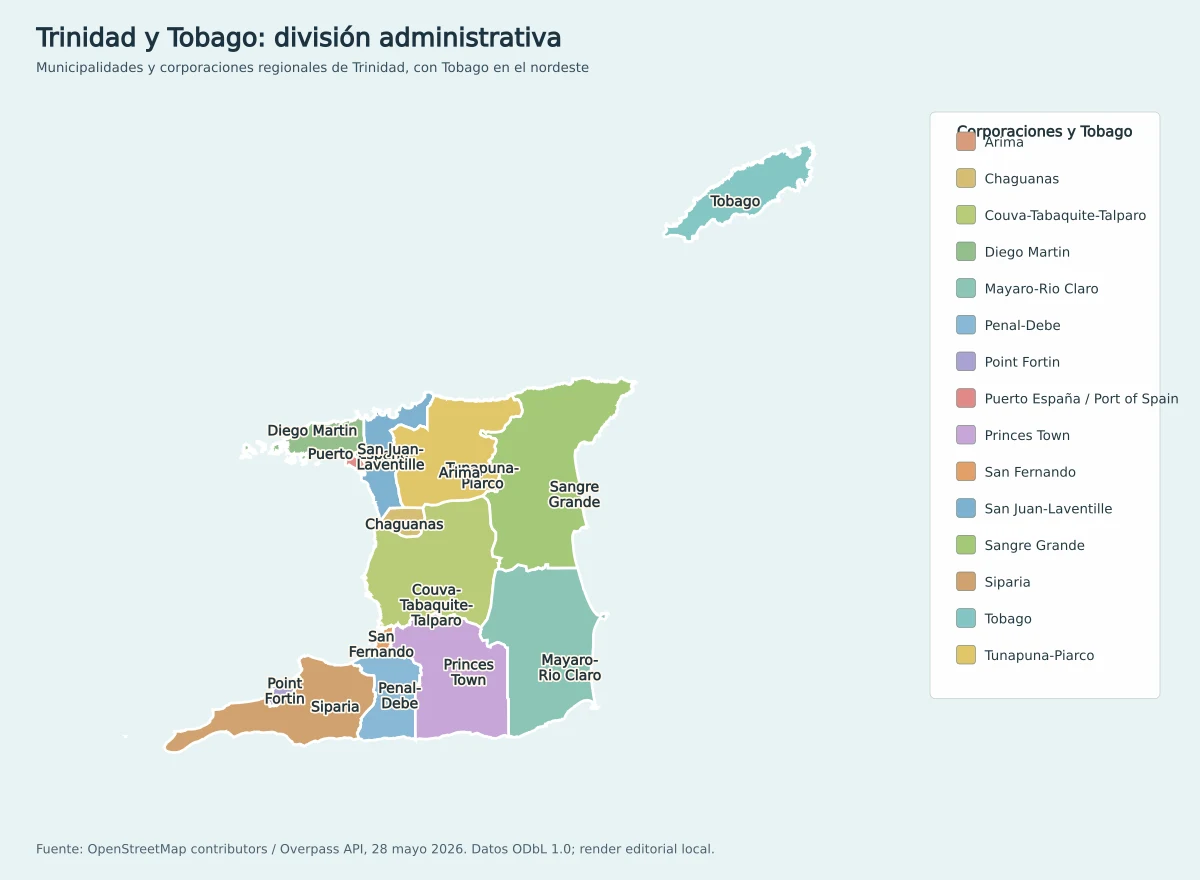 Mapa administrativo de Trinidad y Tobago con Tobago, Port of Spain, San Fernando, Arima, Chaguanas, Point Fortin y las corporaciones regionales de Trinidad