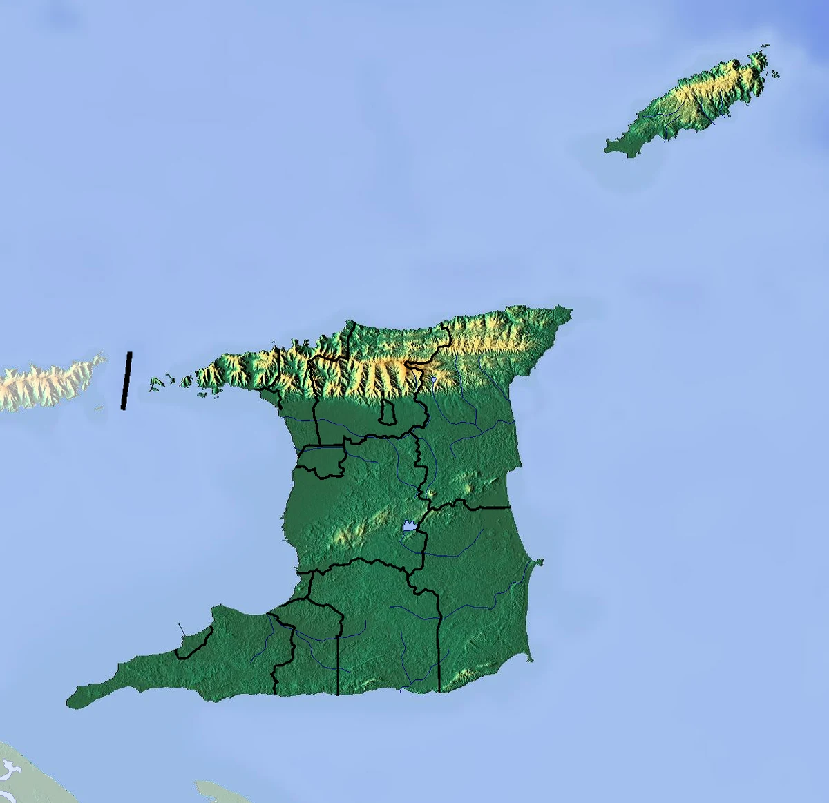 Mapa físico de Trinidad y Tobago con relieve sombreado en Trinidad, Tobago y el entorno costero