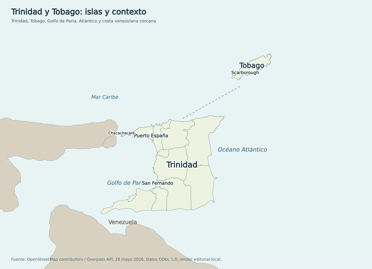 Mapa de Trinidad y Tobago con Trinidad, Tobago, Puerto España, San Fernando, Scarborough, Chacachacare, Golfo de Paria, océano Atlántico y Venezuela
