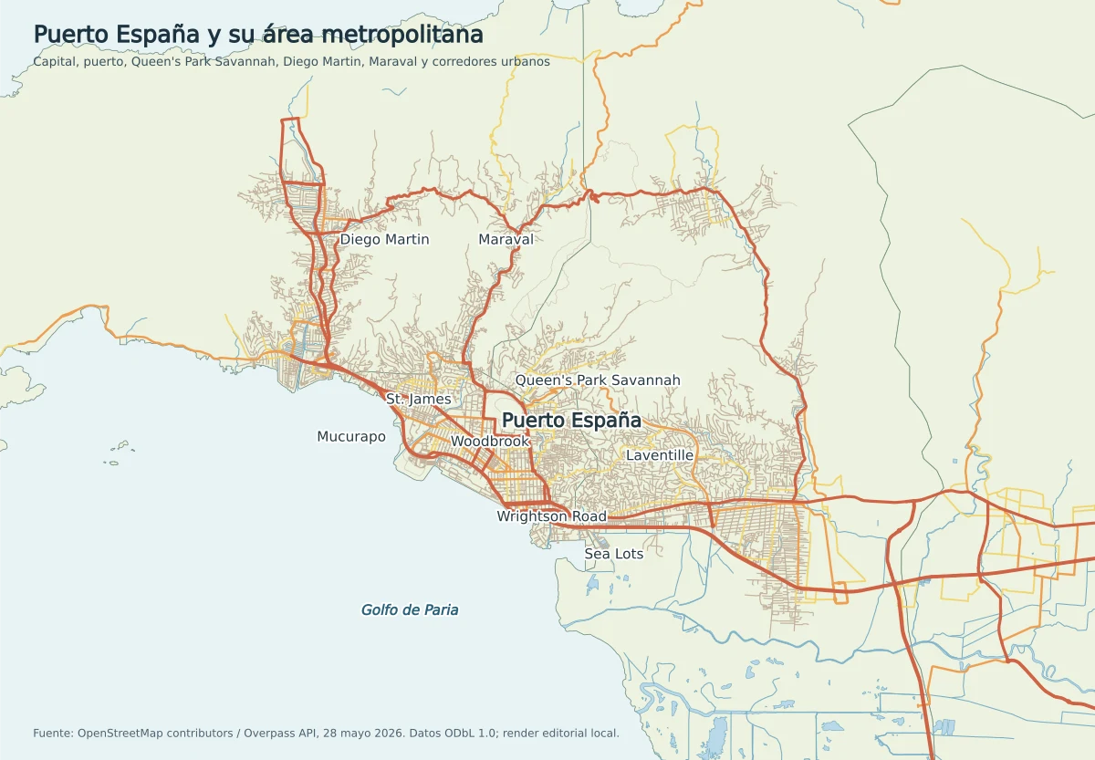 Mapa urbano de Puerto España o Port of Spain con Queen's Park Savannah, Woodbrook, St. James, Mucurapo, Laventille, Sea Lots, Diego Martin, Maraval y Golfo de Paria
