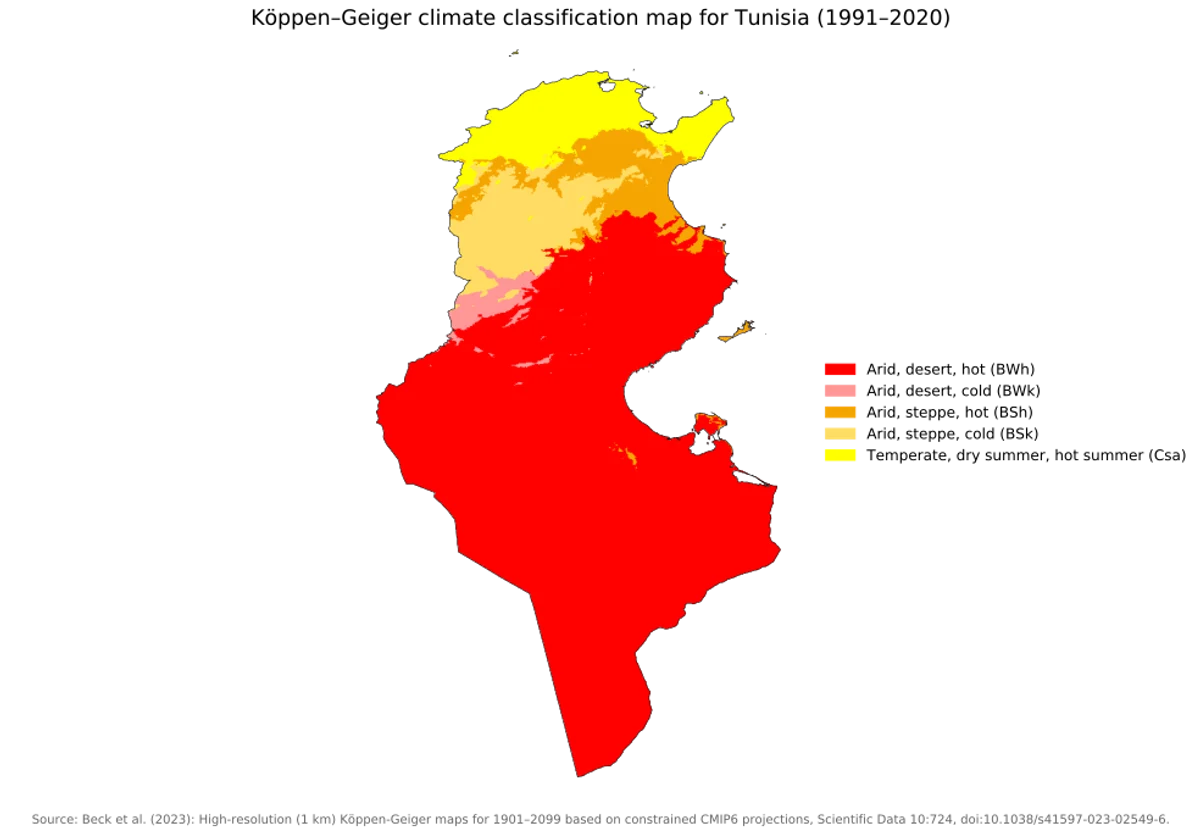 Mapa de clasificación climática Köppen-Geiger de Túnez para 1991-2020 con zonas mediterráneas, esteparias y desérticas
