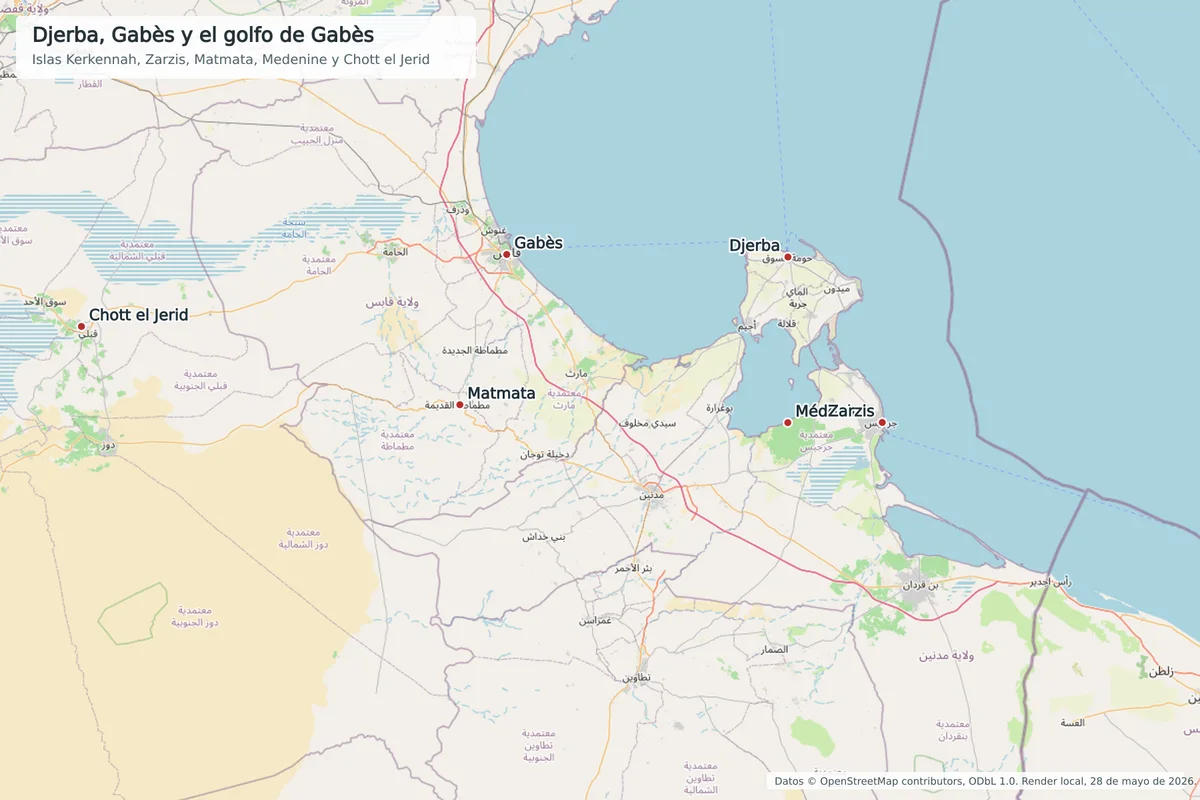 Mapa del sur oriental de Túnez con golfo de Gabès, Gabès, Djerba, Zarzis, Médenine, Matmata, Chott el Jerid, Kerkennah y costa hacia Libia