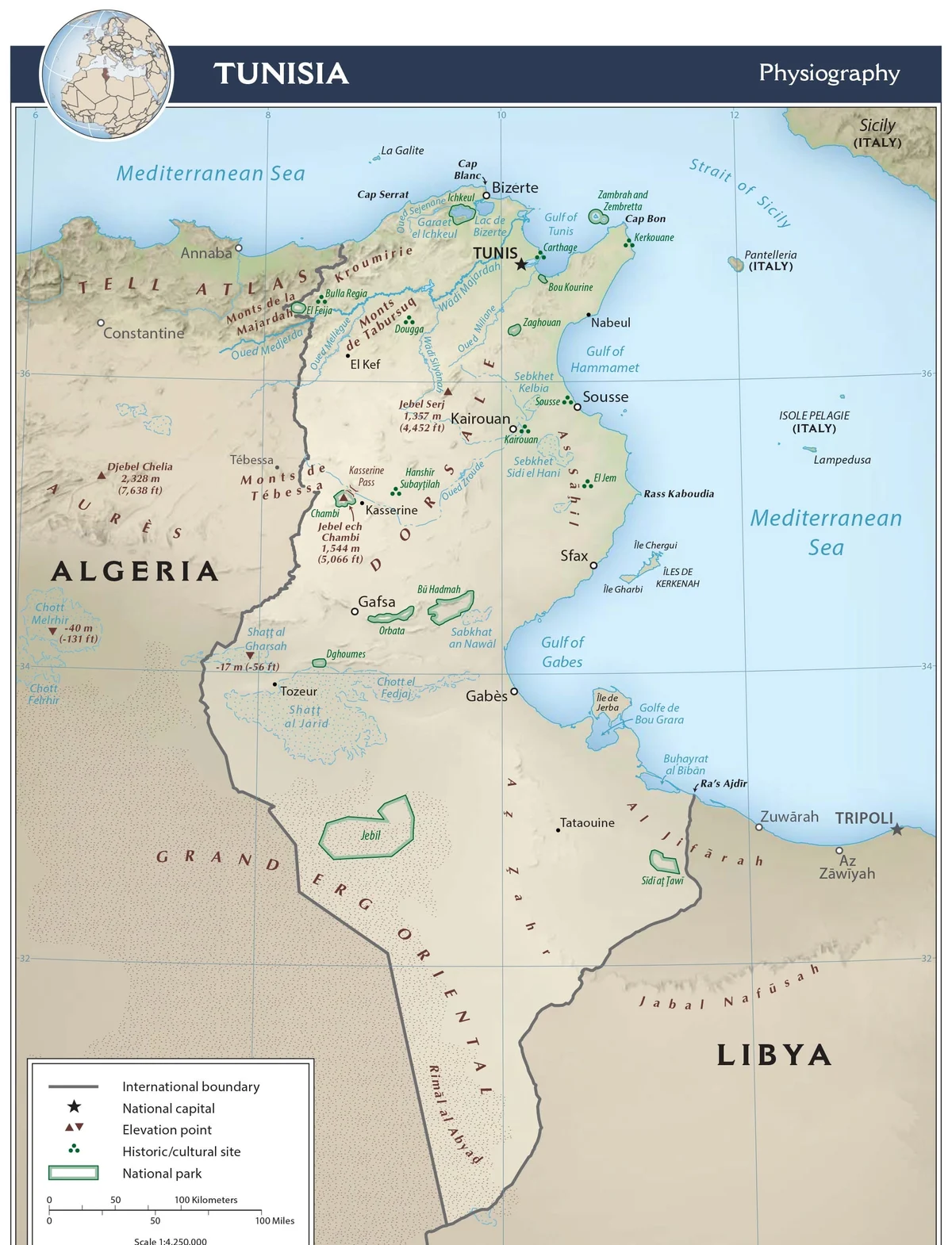 Mapa físico de Túnez con relieve sombreado, montes del Atlas, Kroumirie, dorsale tunisienne, Chott el Jerid, Djerba, Kerkennah, golfo de Túnez y golfo de Gabès