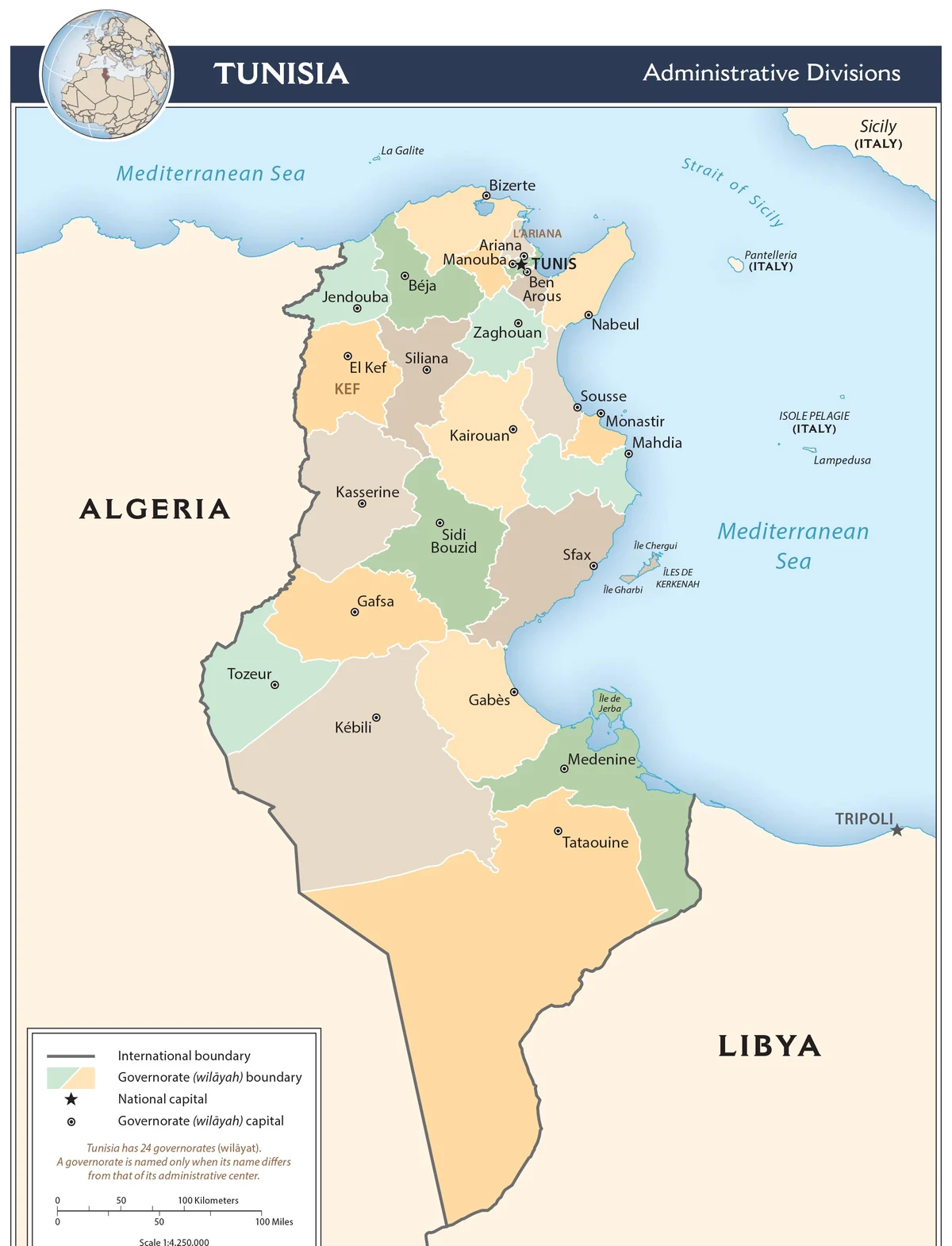 Mapa administrativo de Túnez con sus gobernaciones, capital, ciudades principales, fronteras con Argelia y Libia, Mediterráneo, Djerba y Kerkennah