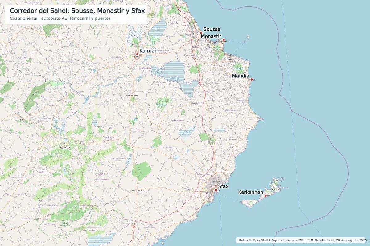 Mapa del corredor costero oriental de Túnez con Sousse, Monastir, Mahdia, Kairuán, Sfax, islas Kerkennah, autopista A1 y golfo de Hammamet