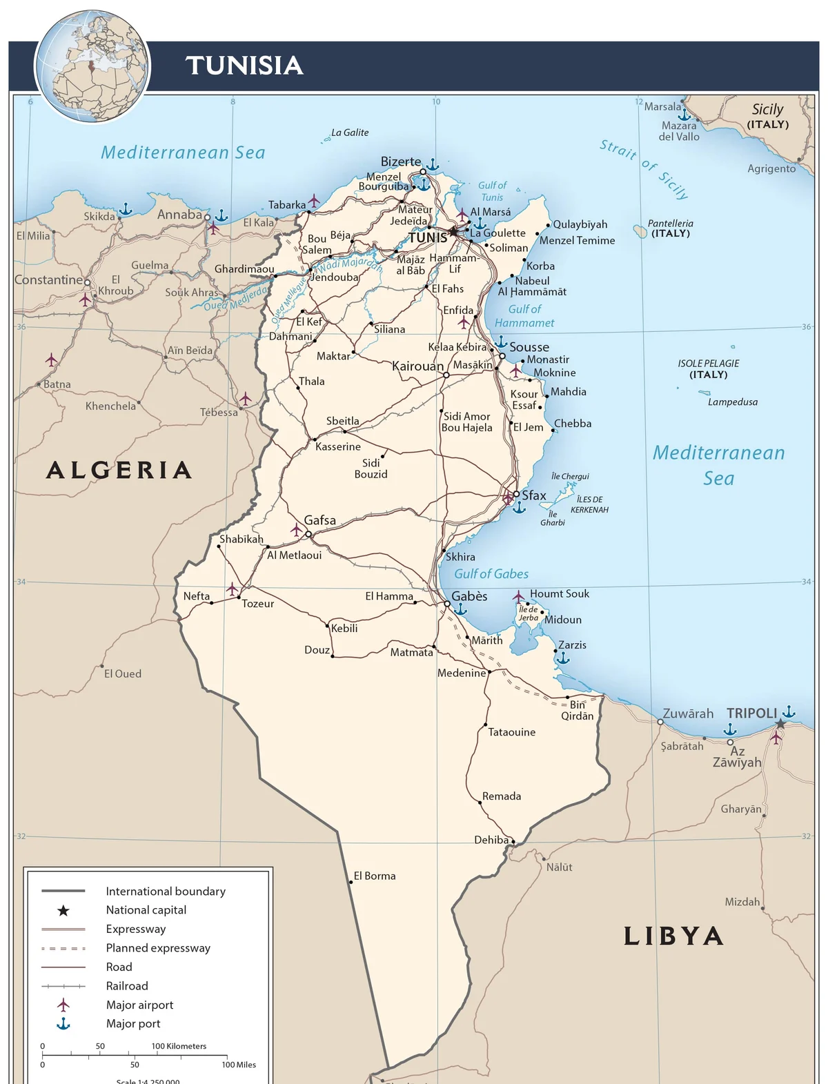 Mapa de transporte de Túnez con autopistas, carreteras, ferrocarril, aeropuertos, puertos, Túnez, Bizerte, Sousse, Sfax, Gabès, Djerba y pasos fronterizos