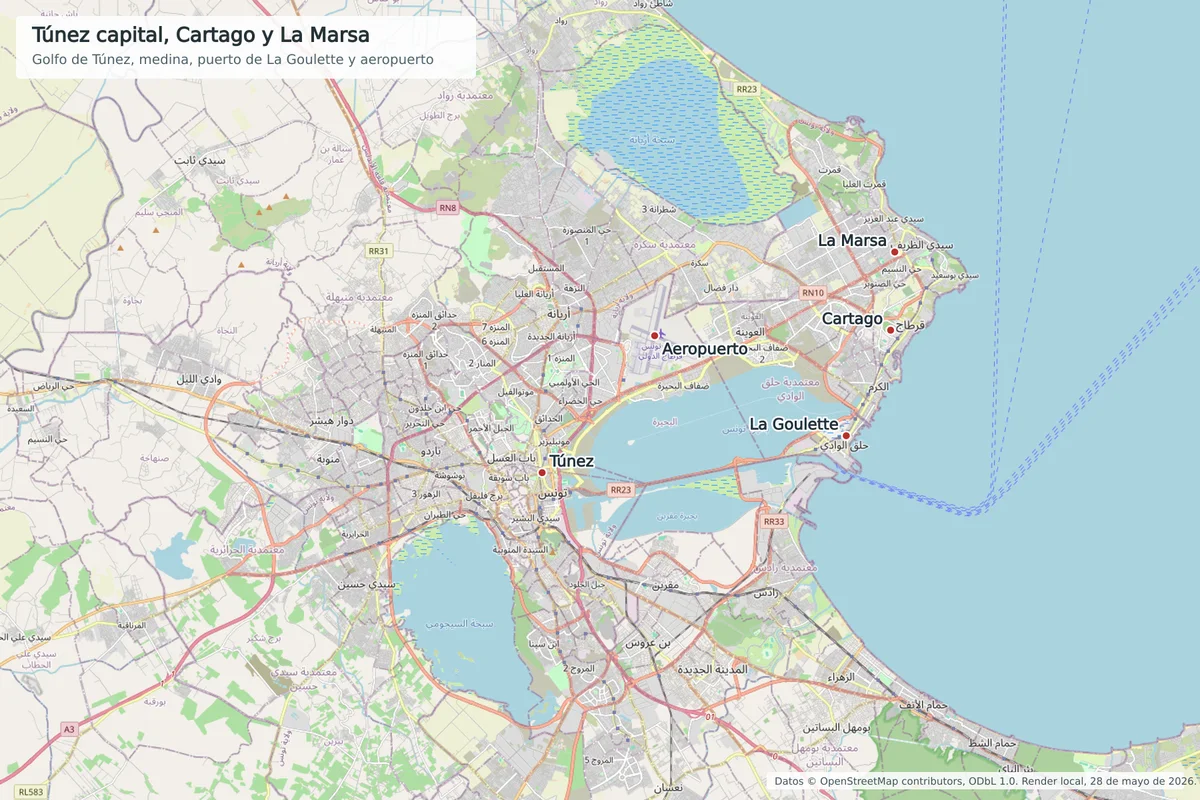Mapa urbano de Túnez capital con la medina, lago de Túnez, Cartago, La Marsa, La Goulette, aeropuerto de Túnez-Cartago y golfo de Túnez