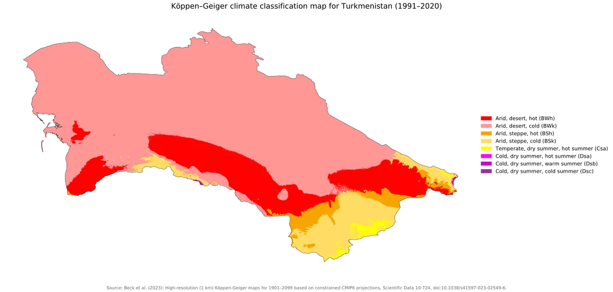 Mapa Köppen-Geiger de Turkmenistán 1991-2020 con climas desérticos, semiáridos y franjas de montaña