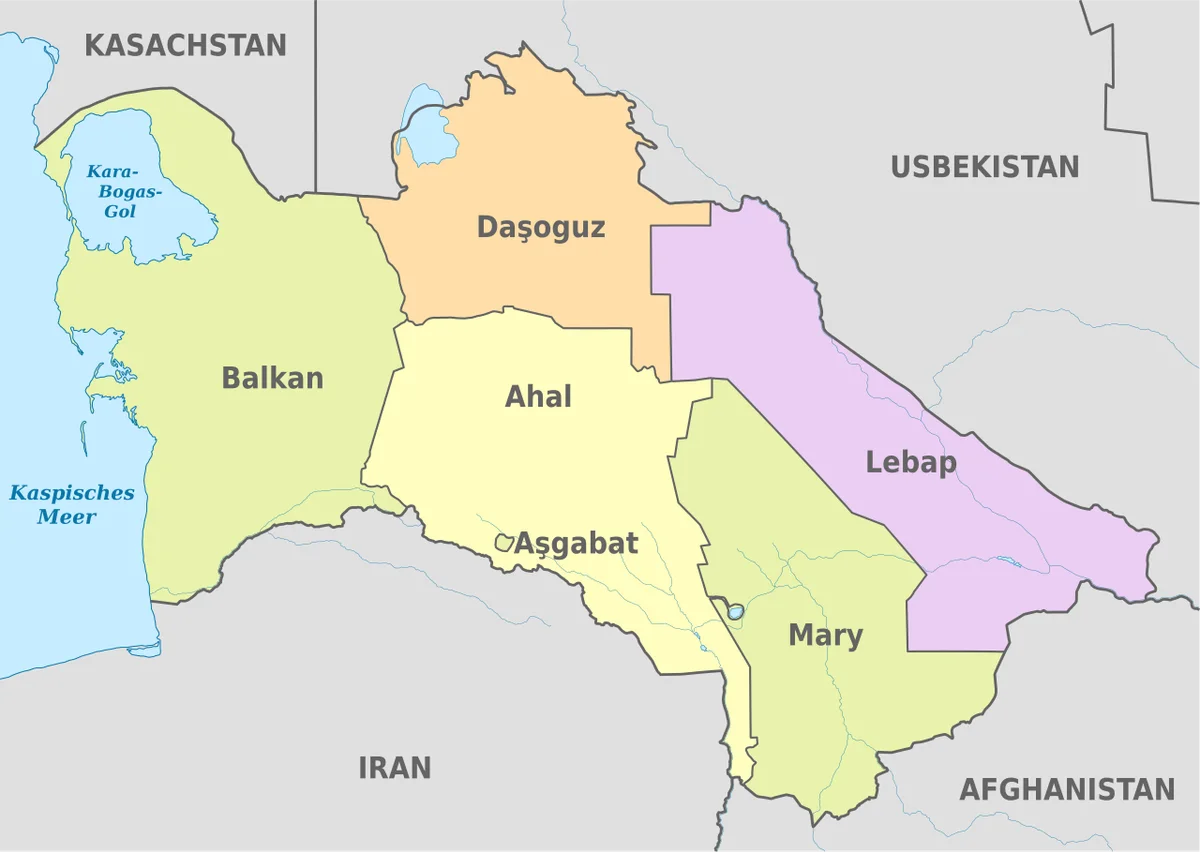 Mapa administrativo de Turkmenistán con las provincias Balkan, Daşoguz, Ahal, Mary y Lebap, Ashgabat, el mar Caspio y países vecinos