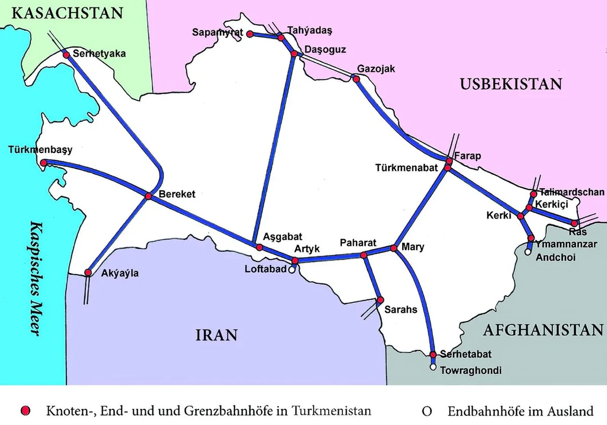 Mapa ferroviario de Turkmenistán de 2022 con líneas entre Türkmenbaşy, Bereket, Aşgabat, Mary, Türkmenabat, Daşoguz y conexiones fronterizas