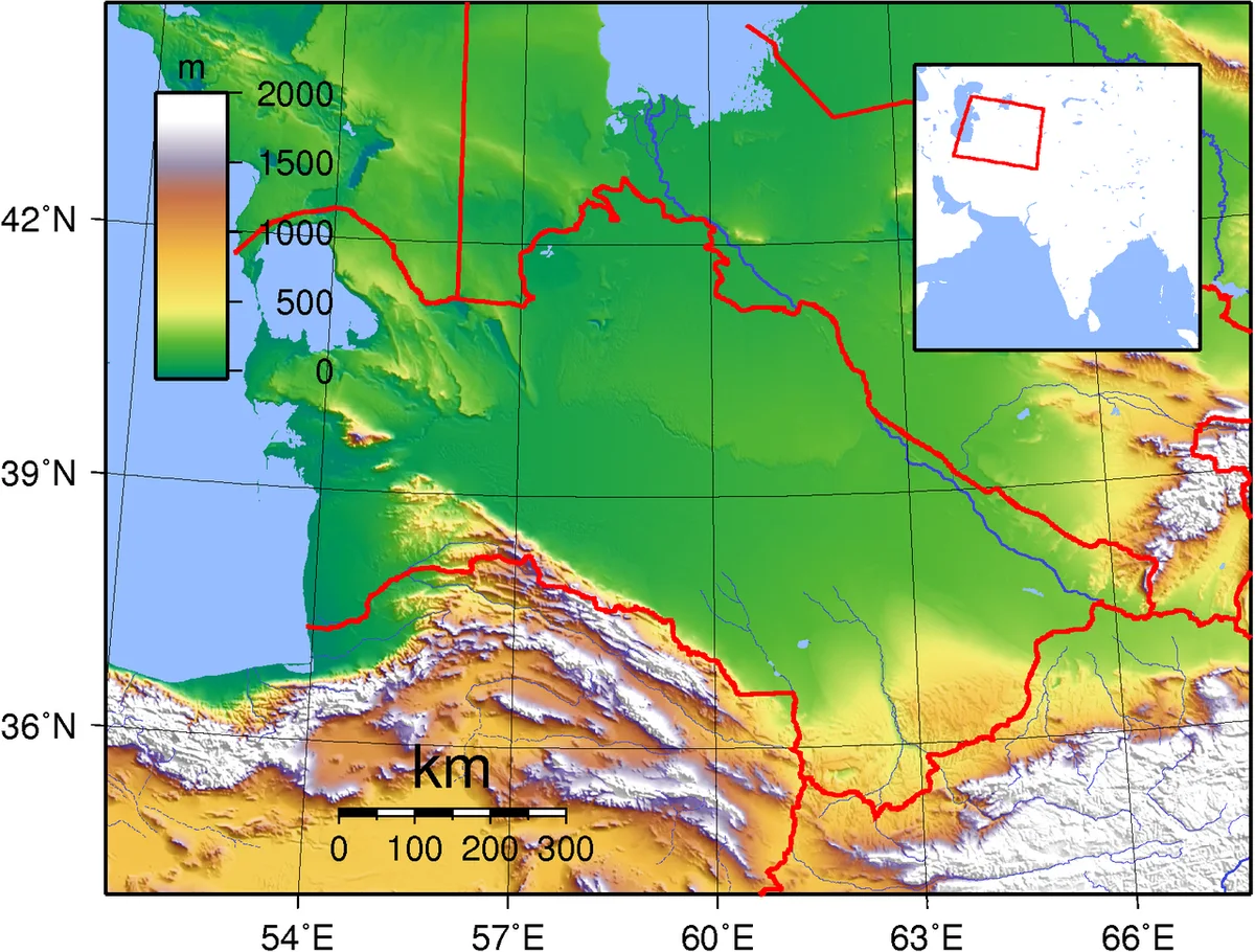 Mapa topográfico de Turkmenistán con relieve, mar Caspio, desierto de Karakum, Kopet Dag, Amu Daria y montañas del sur y sureste