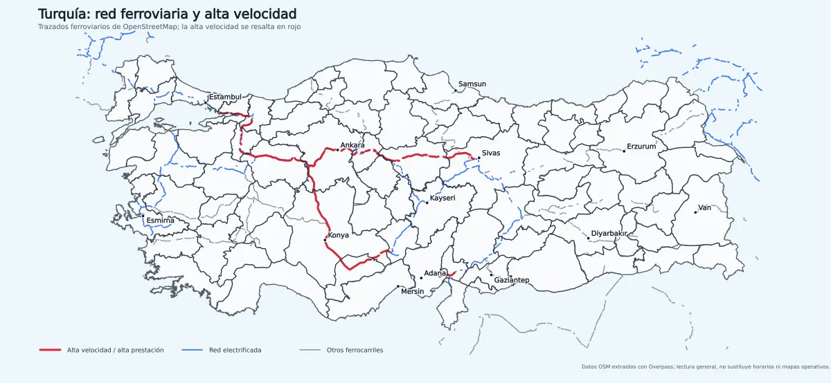Mapa ferroviario de Turquía con líneas de alta velocidad y alta prestación resaltadas en rojo, red electrificada en azul y otros ferrocarriles en gris