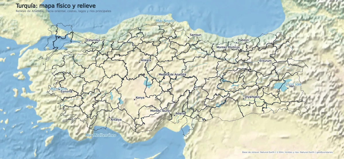 Mapa físico de Turquía con relieve sombreado, costas, ríos, lagos, la meseta de Anatolia, los montes Tauro, los montes Pónticos y el lago Van