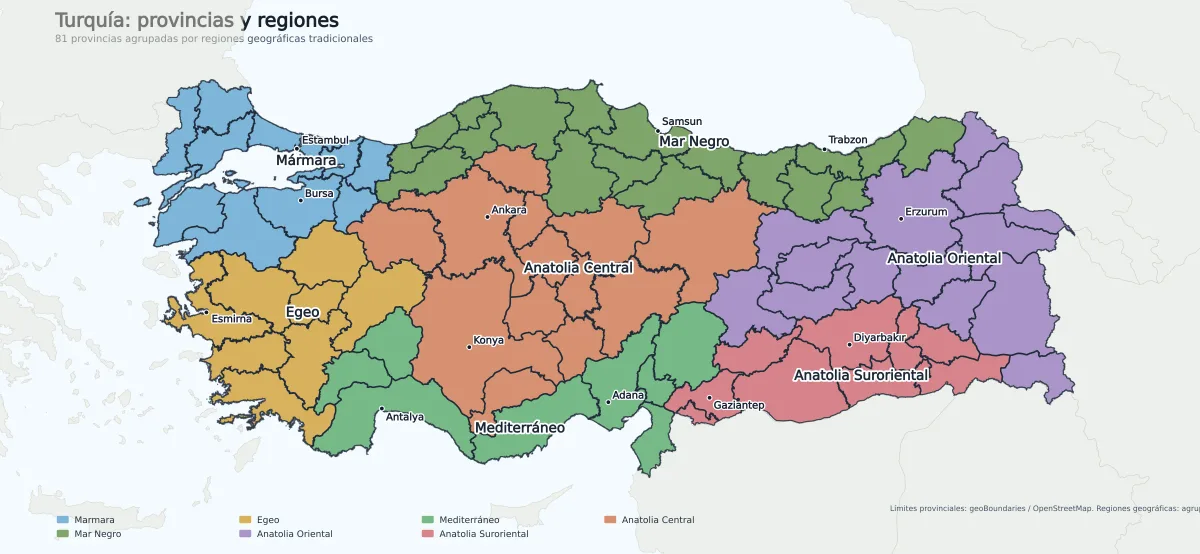 Mapa de Turquía con límites provinciales y regiones geográficas tradicionales como Mármara, Egeo, Mar Negro, Mediterráneo, Anatolia Central, Anatolia Oriental y Anatolia Suroriental