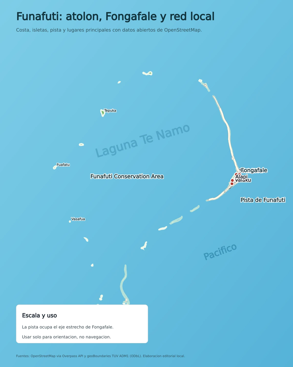Mapa de Funafuti con la laguna Te Namo, Fongafale, Vaiaku, Alapi, la pista de Funafuti, carreteras, isletas y el área de conservación