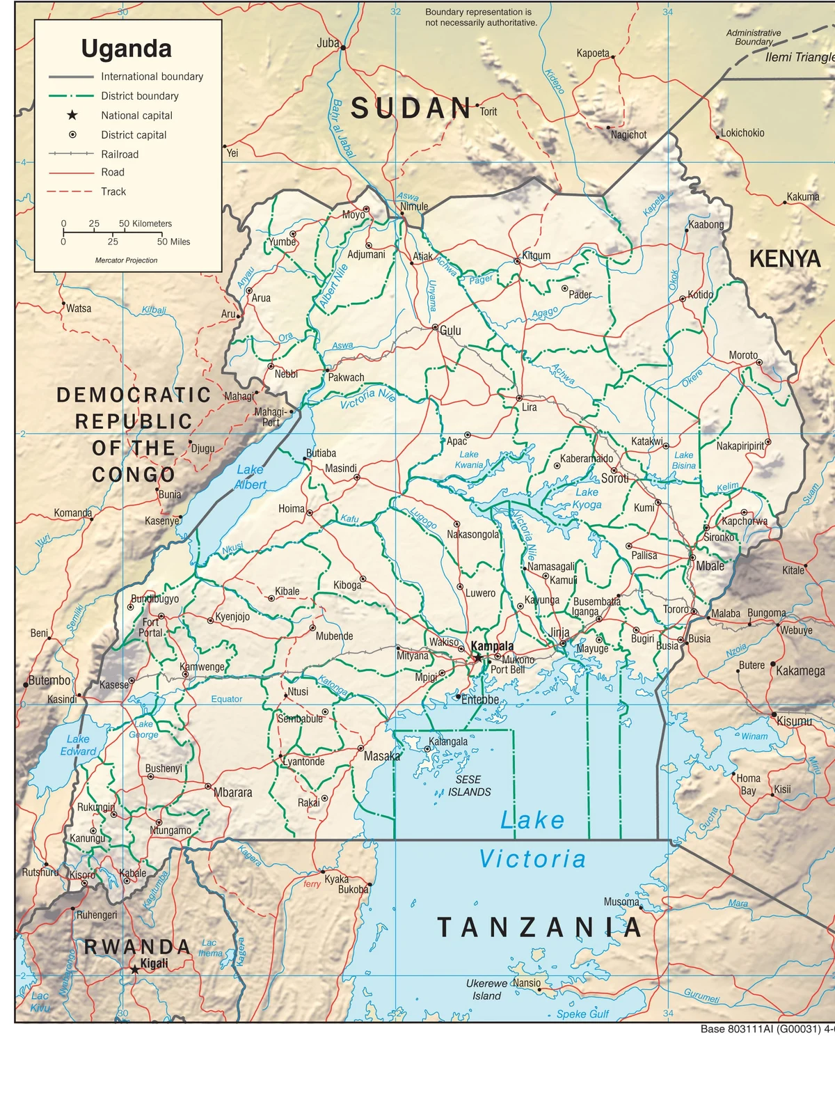 Mapa físico de Uganda con relieve sombreado, lago Victoria, lago Kyoga, lago Alberto, lago Edward, Nilo Victoria, Nilo Alberto, Kampala, Jinja, Gulu y Mbarara
