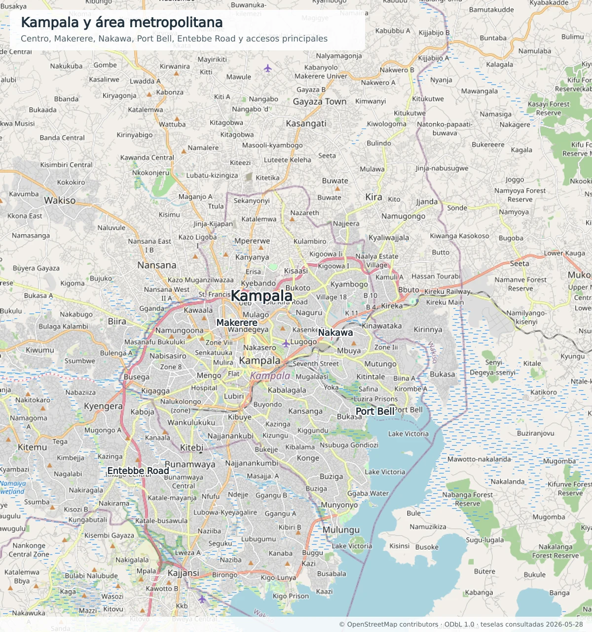 Mapa OpenStreetMap de Kampala con Makerere, Nakawa, Port Bell, Entebbe Road, Nansana, Kira, Mukono, humedales y bahías del lago Victoria