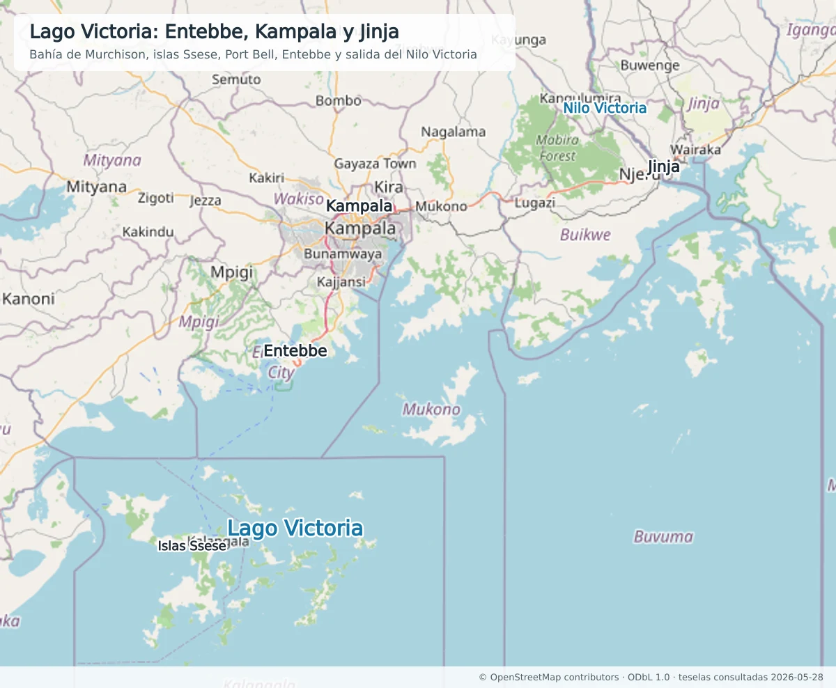 Mapa OpenStreetMap del norte del lago Victoria con Entebbe, Kampala, Port Bell, bahía de Murchison, islas Ssese, Buvuma, Jinja y el Nilo Victoria