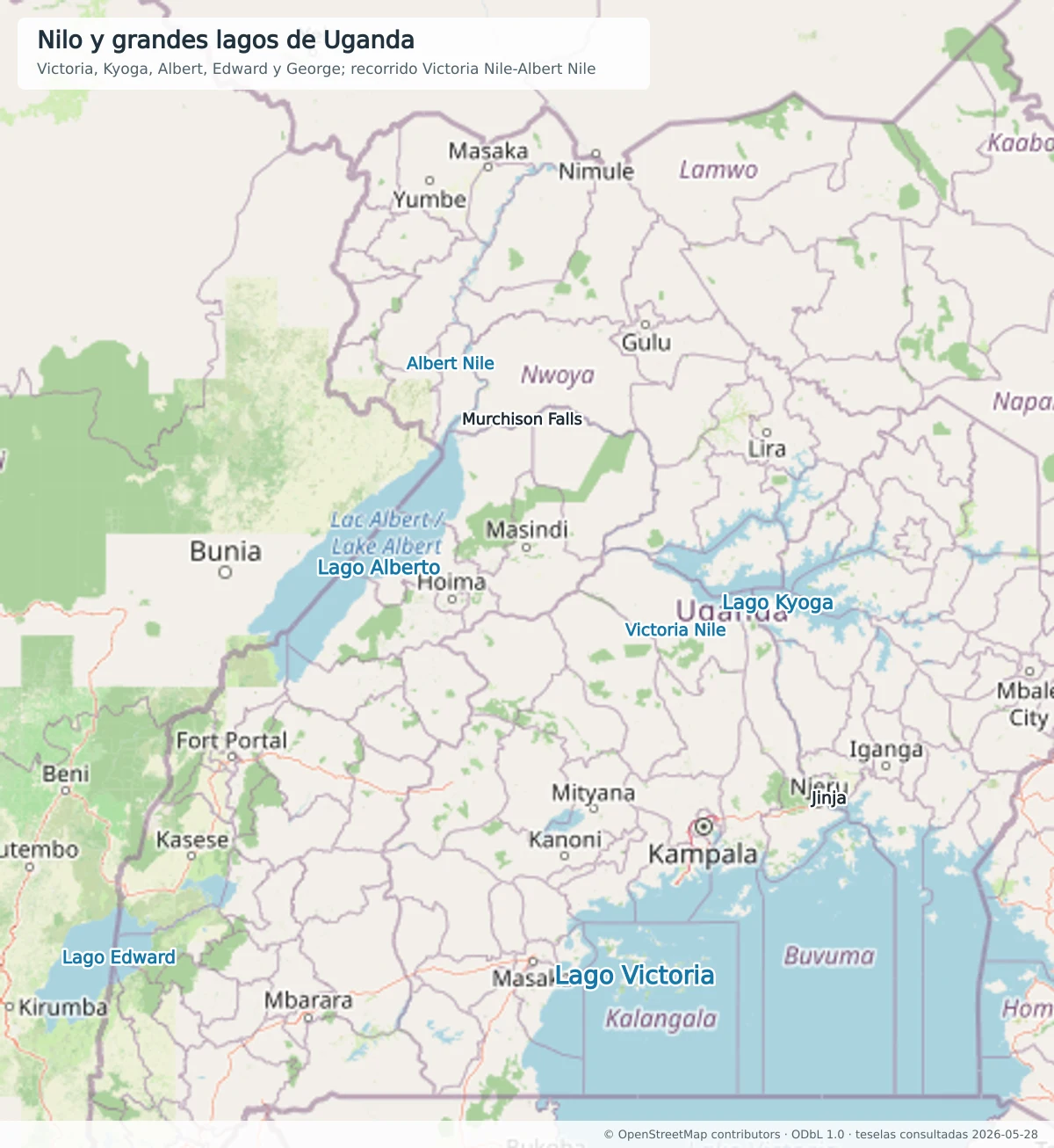 Mapa OpenStreetMap del Nilo y grandes lagos de Uganda con lago Victoria, lago Kyoga, lago Alberto, lago Edward, Nilo Victoria, Nilo Alberto, Jinja y Murchison Falls