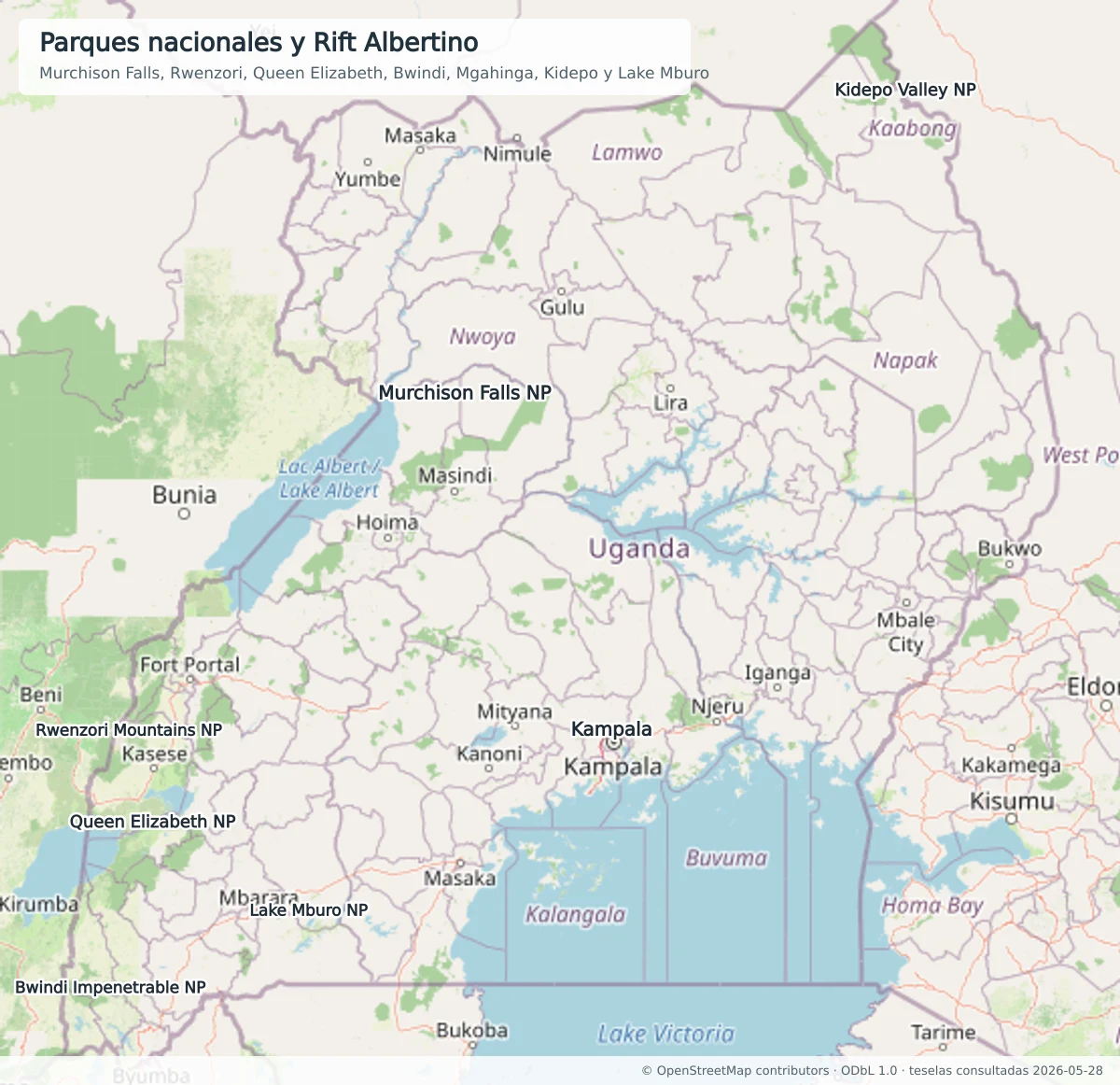 Mapa OpenStreetMap de parques nacionales de Uganda con Murchison Falls, Rwenzori Mountains, Queen Elizabeth, Bwindi Impenetrable, Lake Mburo, Kidepo Valley y Kampala