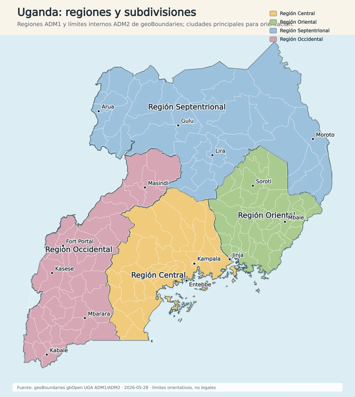 Mapa administrativo de Uganda con las regiones Central, Oriental, Septentrional y Occidental, subdivisiones internas y ciudades como Kampala, Jinja, Gulu, Arua, Mbale y Mbarara