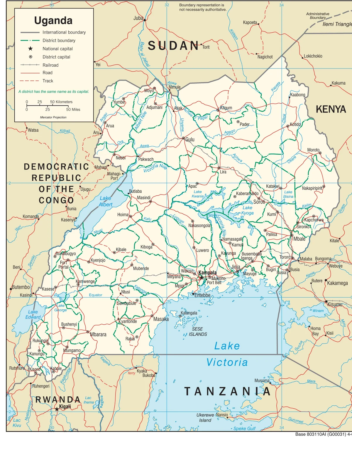 Mapa de transporte de Uganda con carreteras, vías férreas, ferris, Kampala, Jinja, Entebbe, Gulu, Mbarara, Mbale, Masindi, Arua y pasos fronterizos