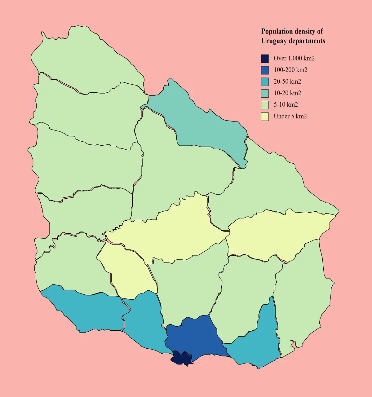 Mapa de densidad de población de Uruguay por departamentos con Montevideo, Canelones, Maldonado, litoral e interior