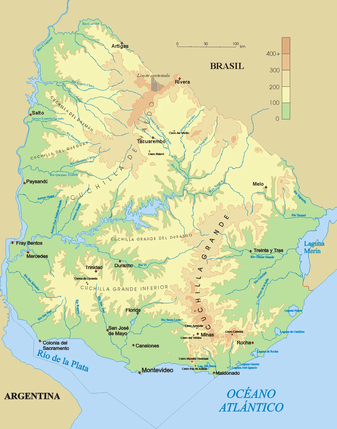Mapa físico de Uruguay con relieve, ríos, departamentos, Argentina, Brasil, río de la Plata y océano Atlántico