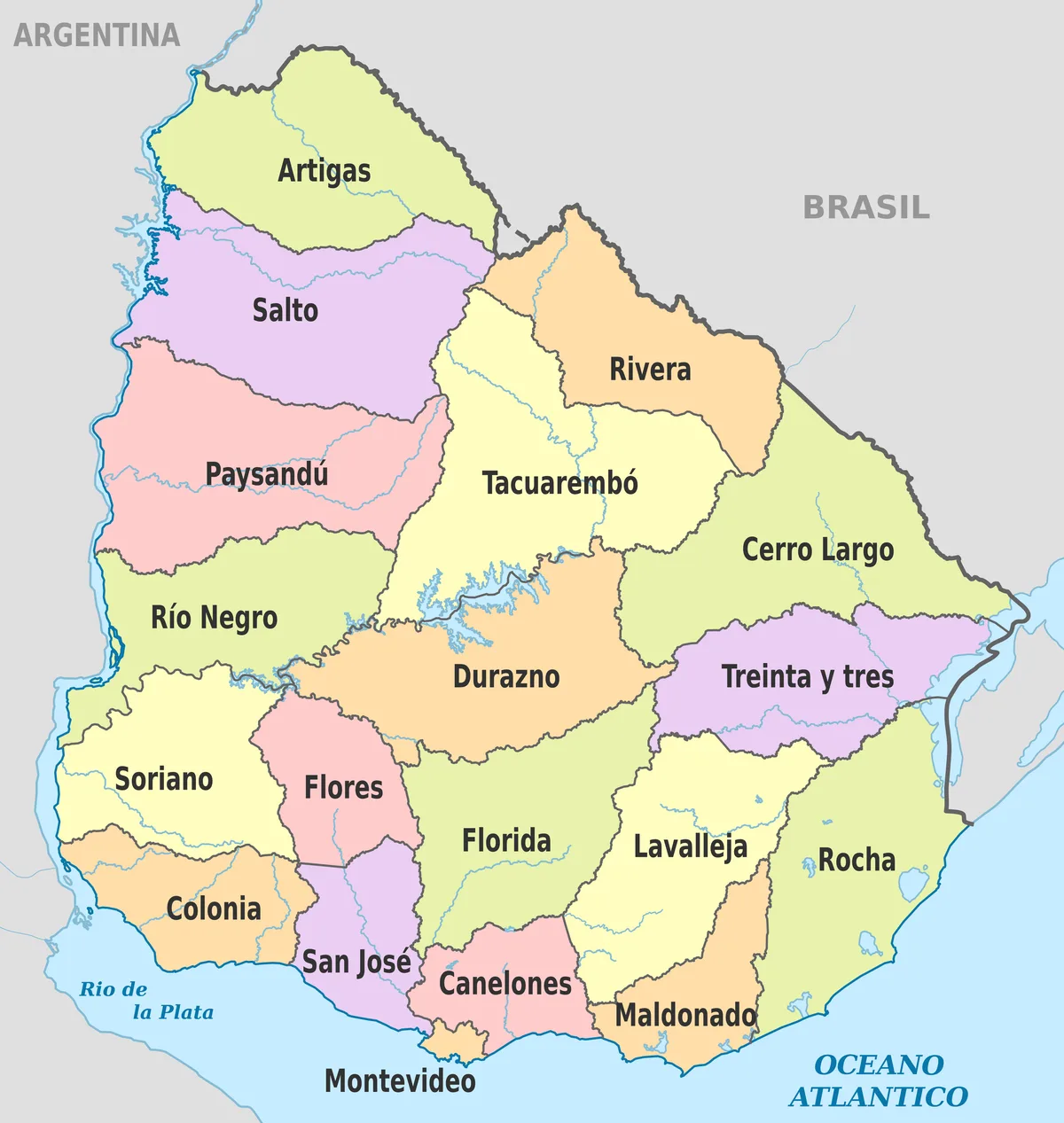 Mapa político de Uruguay con departamentos, Montevideo, Argentina, Brasil y océano Atlántico