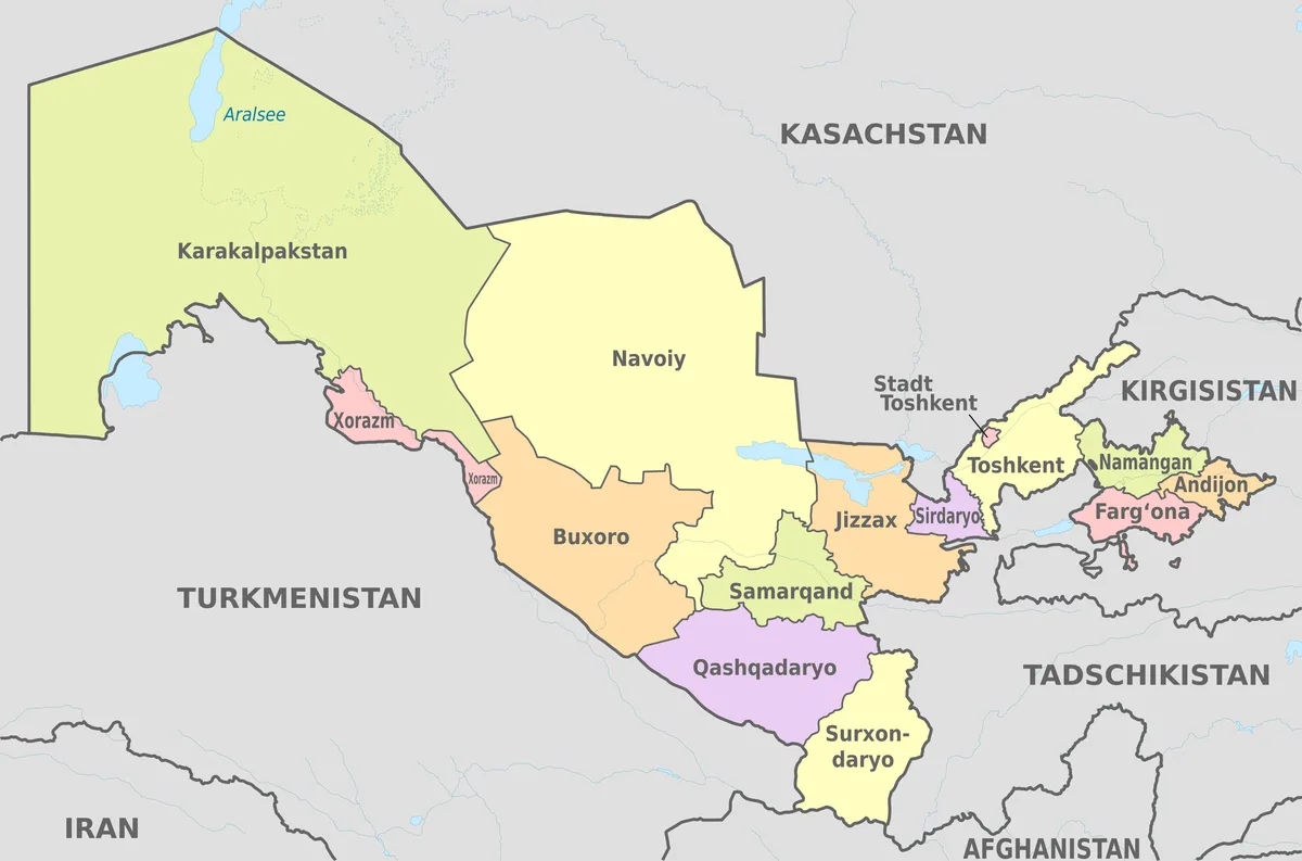 Mapa administrativo de Uzbekistán con Karakalpakstán, Xorazm, Navoiy, Buxoro, Samarqand, Qashqadaryo, Surxondaryo, Toshkent y valle de Ferganá