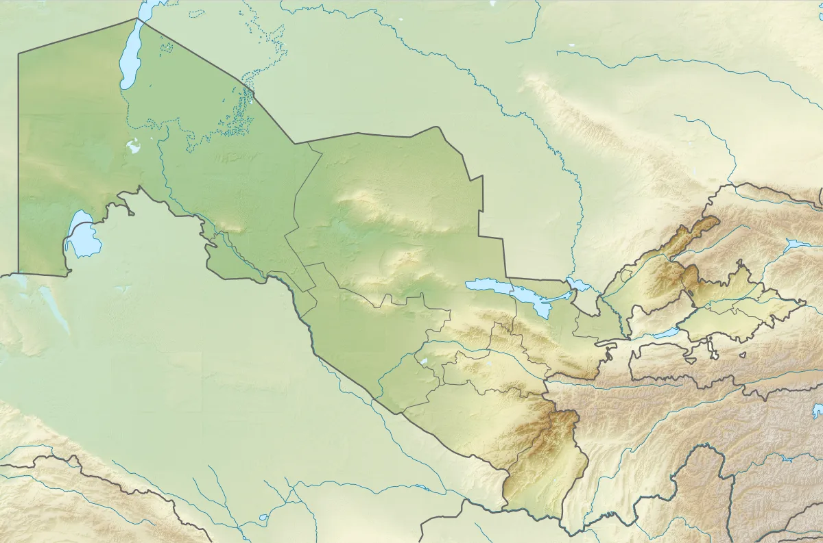Mapa físico de Uzbekistán con relieve del Kyzylkum, Karakalpakstán, valle de Ferganá, Amu Daria, Sir Daria y montañas del este