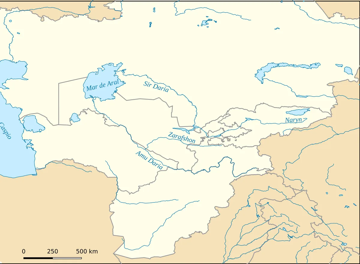 Mapa en español del mar de Aral con los ríos Amu Daria, Sir Daria, Zarafshon, Naryn y países de Asia Central