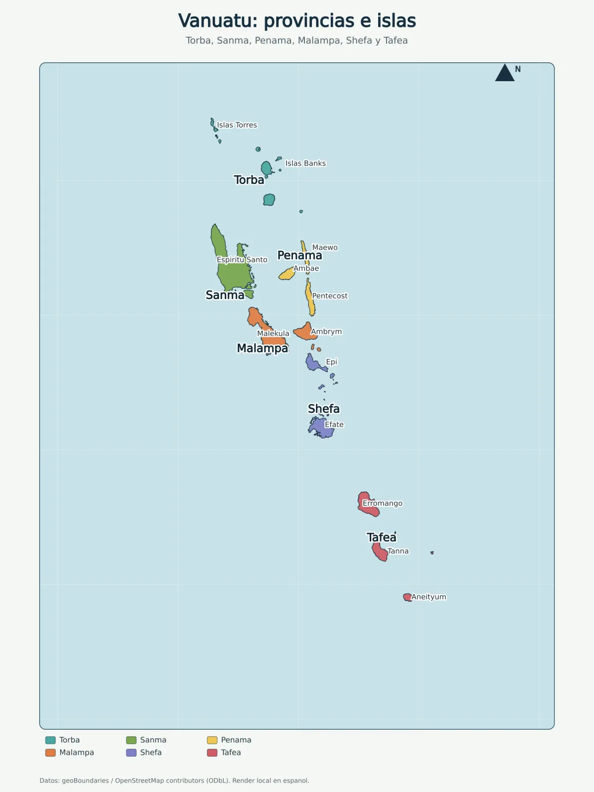 Mapa de Vanuatu con las provincias Torba, Sanma, Penama, Malampa, Shefa y Tafea, y las islas Torres, Banks, Espiritu Santo, Malekula, Ambrym, Pentecost, Ambae, Efate, Tanna y Aneityum