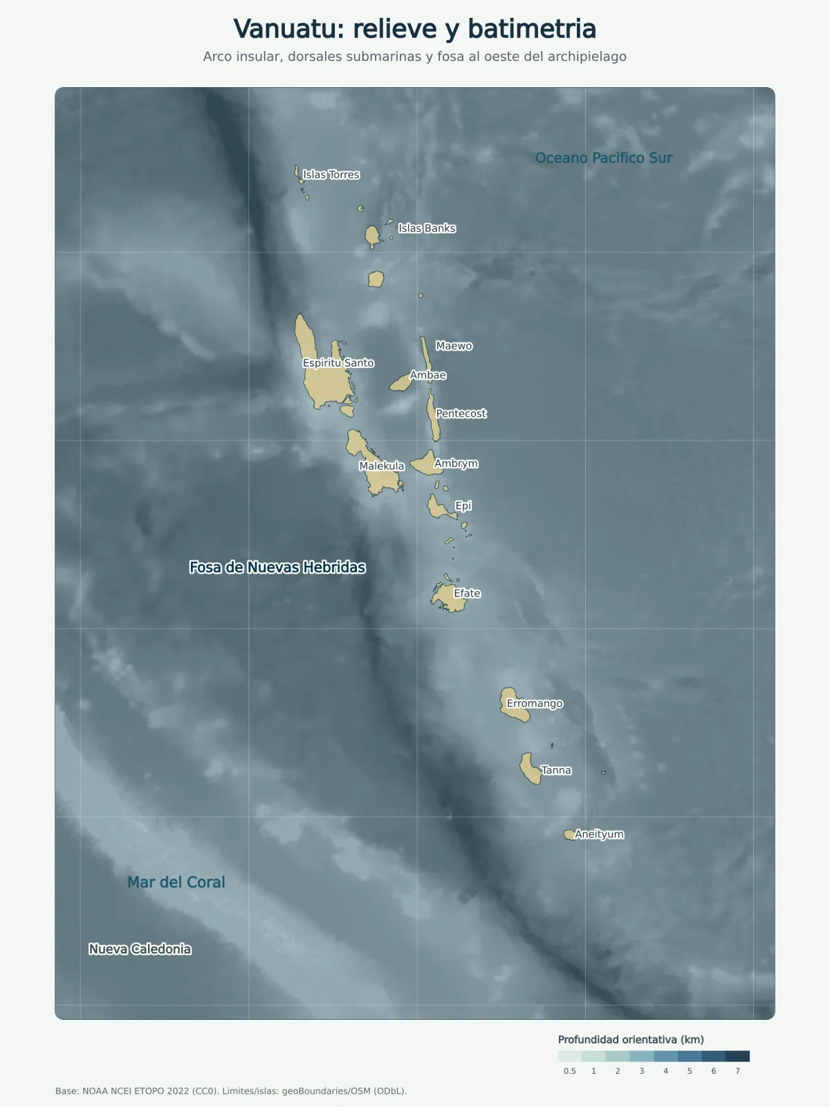 Mapa de relieve y batimetría de Vanuatu con la fosa de Nuevas Hébridas, Mar del Coral, Océano Pacífico Sur, Nueva Caledonia y las principales islas del archipiélago