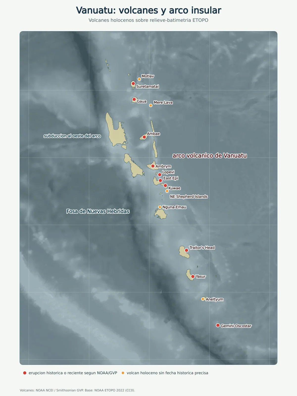 Mapa de volcanes de Vanuatu con Yasur, Ambrym, Ambae, Lopevi, Kuwae, Gaua, Suretamatai, Motlav, Mere Lava, Nguna-Emau, East Epi, Traitor's Head, Aneityum y Gemini-Oscostar