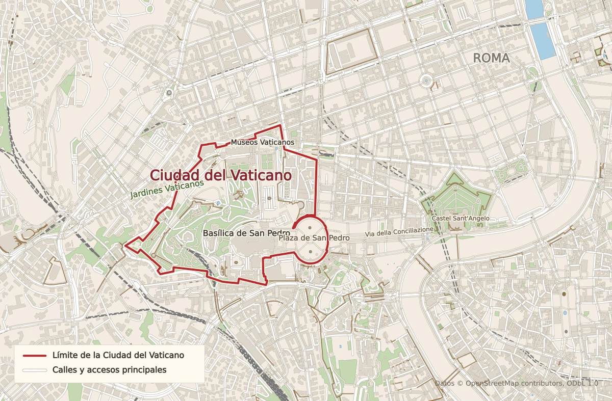 Mapa de calles del Vaticano y Roma con limite de la Ciudad del Vaticano, Jardines Vaticanos, Basilica de San Pedro, plaza de San Pedro, Via della Conciliazione y Castel Sant'Angelo