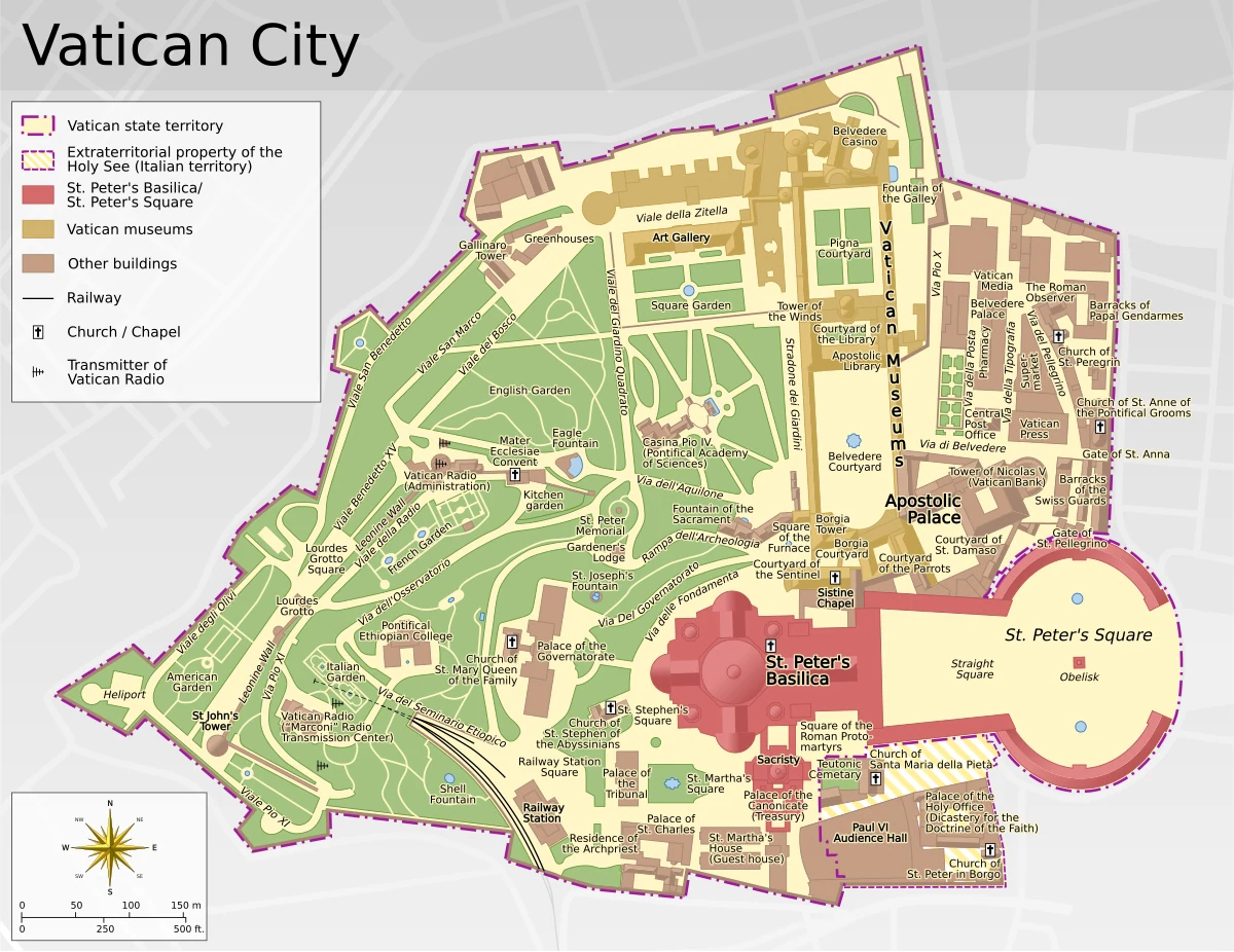 Mapa detallado de la Ciudad del Vaticano con limite estatal, basilica de San Pedro, plaza de San Pedro, Museos Vaticanos, Jardines Vaticanos, Palacio Apostolico y ferrocarril