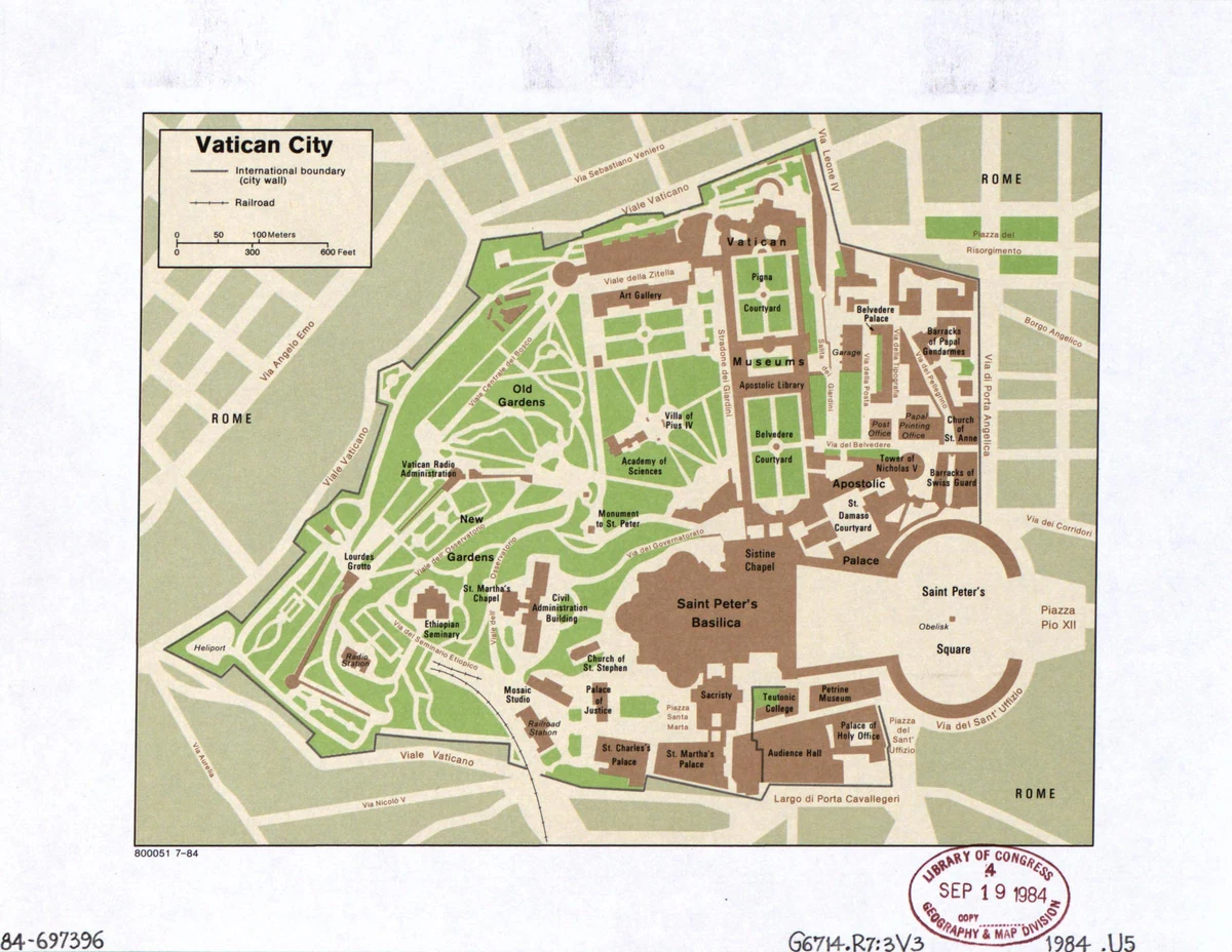 Mapa de la CIA de 1984 de la Ciudad del Vaticano con basilica de San Pedro, plaza de San Pedro, Museos Vaticanos, jardines, edificios y calles de Roma