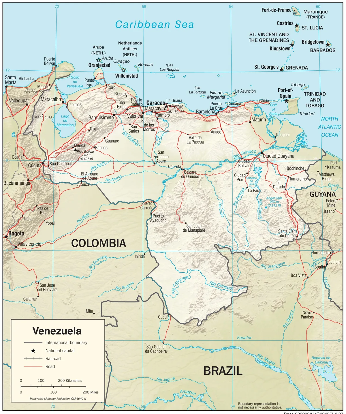Mapa físico de Venezuela con Andes, lago de Maracaibo, llanos, río Orinoco, Guayana, tepuyes, Caribe y delta del Orinoco