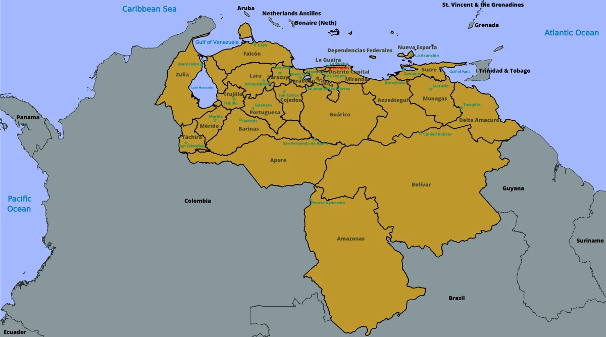 Mapa político de Venezuela con estados, capitales, países vecinos y mar Caribe