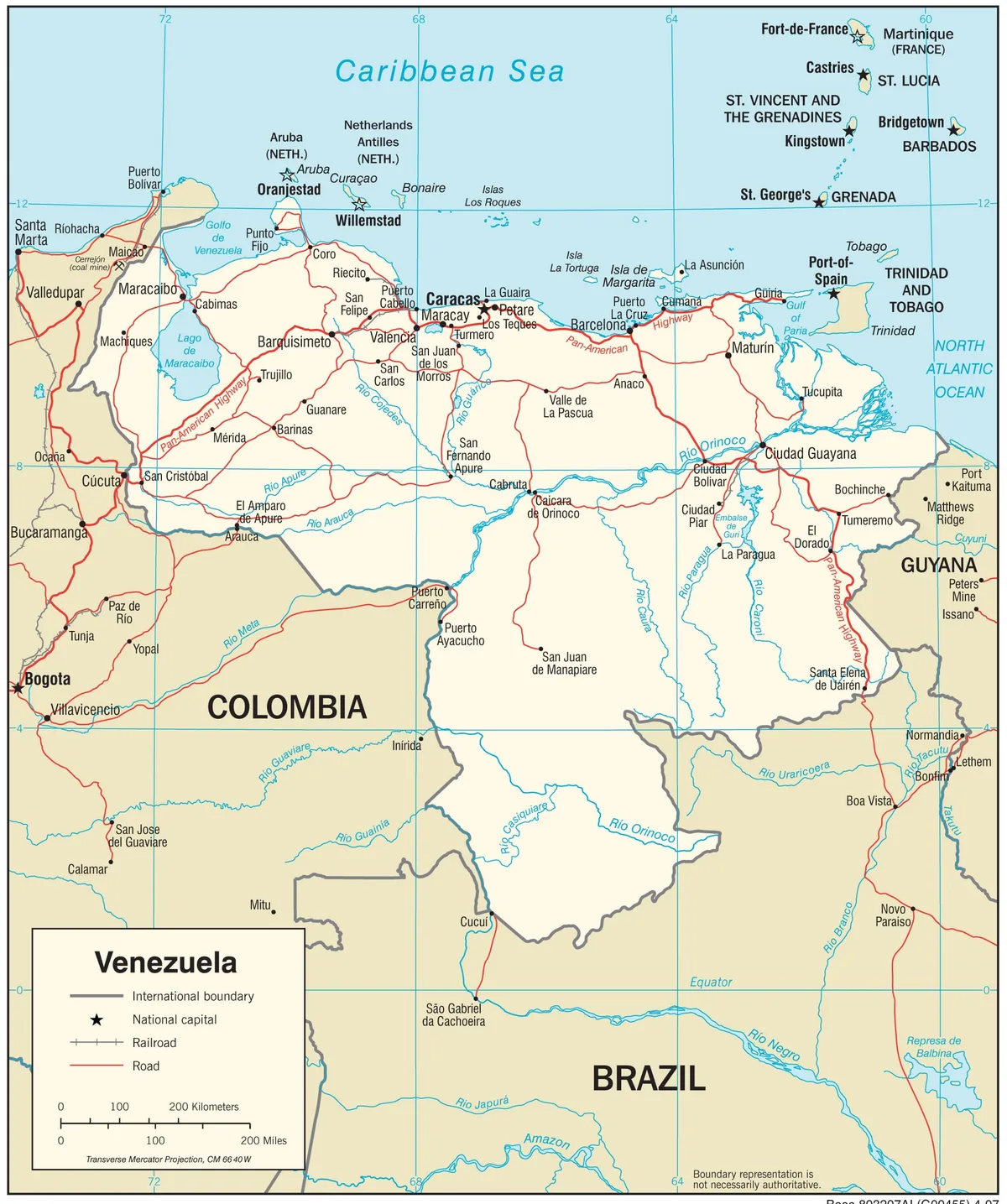 Mapa de transporte de Venezuela con carreteras, ferrocarril, aeropuertos, puertos, Caracas, Maracaibo, Valencia, Barquisimeto, Ciudad Guayana y Puerto La Cruz
