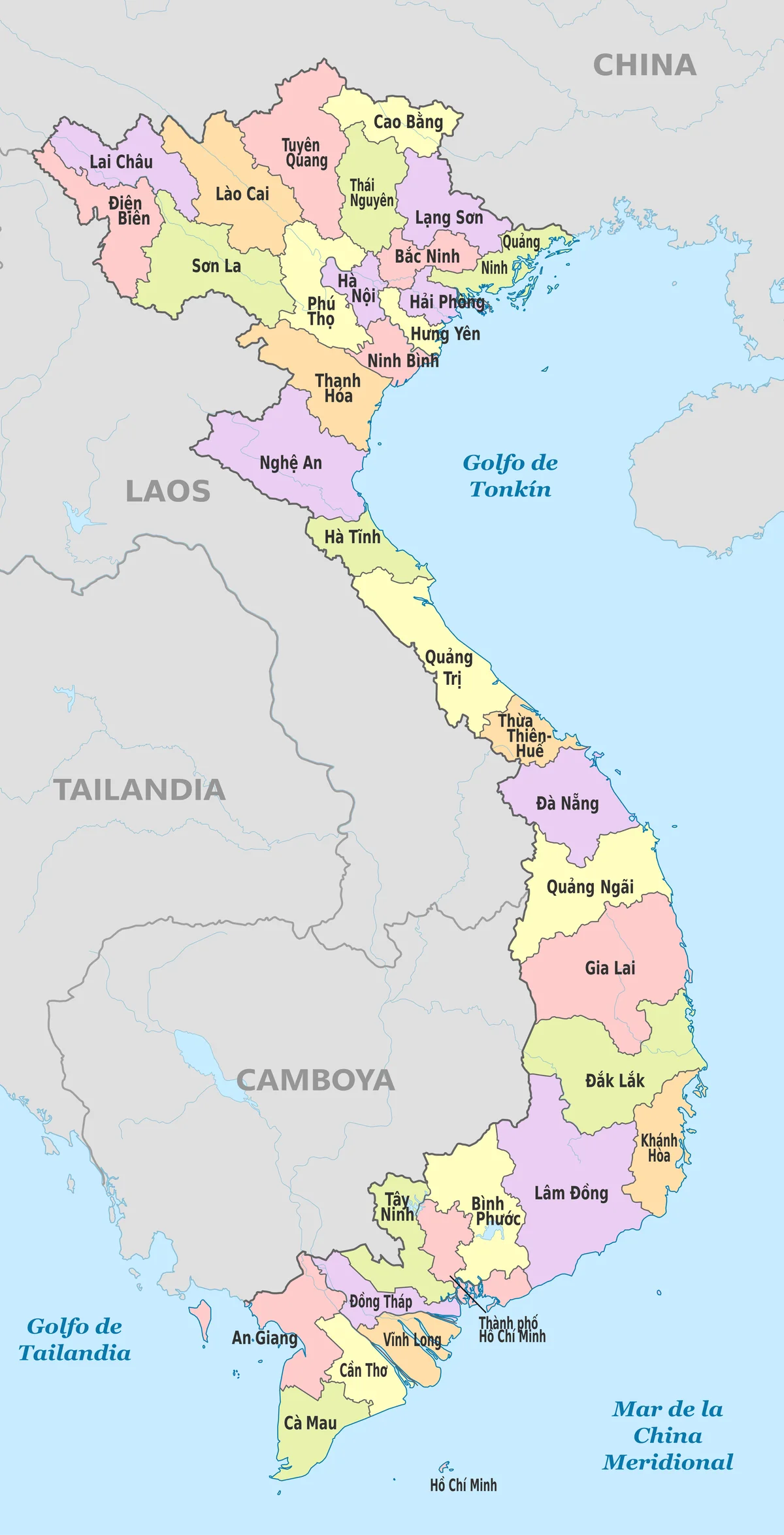 Mapa administrativo de Vietnam en español con provincias y ciudades de nivel provincial vigentes desde julio de 2025