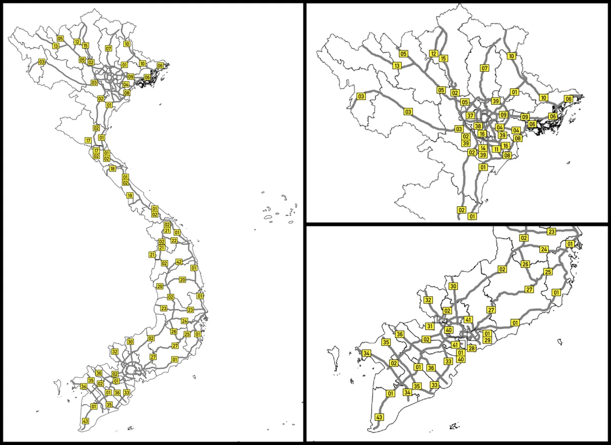 Mapa del sistema de autopistas de Vietnam con corredores del norte, centro y sur y numeración de rutas