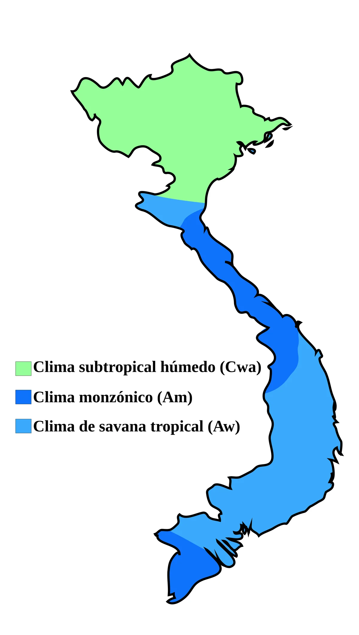 Mapa de Vietnam en español con climas Köppen subtropical húmedo, monzónico y sabana tropical