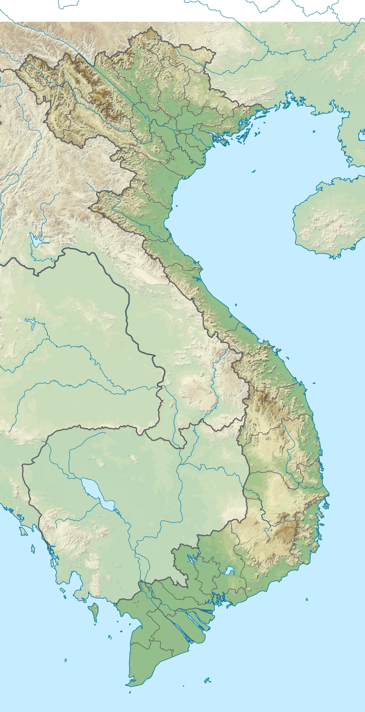 Mapa físico de Vietnam con relieve, cordilleras, ríos, llanuras costeras y delta del Mekong