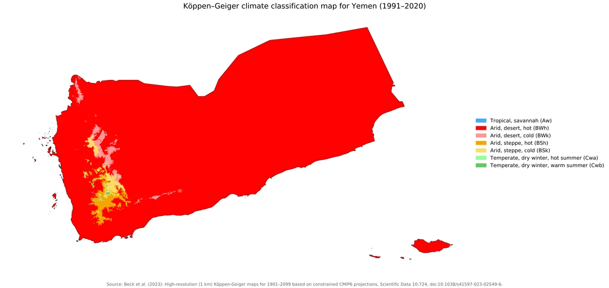 Mapa de climas de Yemen según Köppen-Geiger 1991-2020 con predominio de clima árido desértico cálido y zonas esteparias o templadas en las tierras altas occidentales