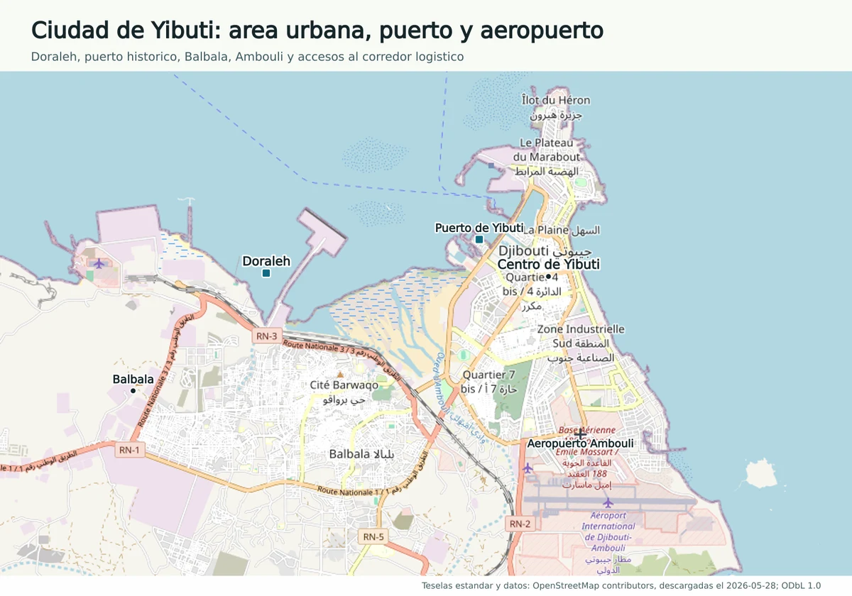 Mapa urbano de la ciudad de Yibuti con Doraleh, puerto de Yibuti, Balbala, centro urbano y aeropuerto Ambouli
